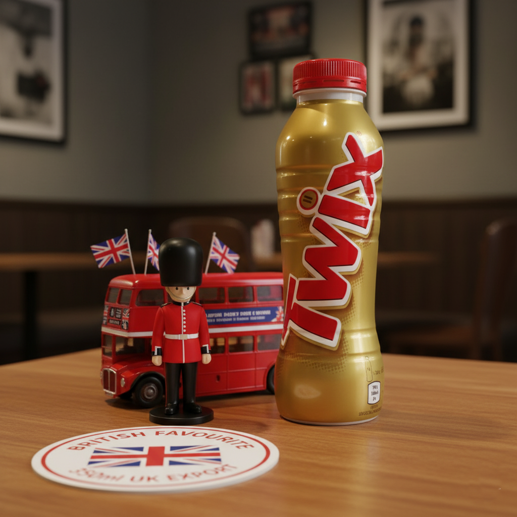 Twix bottle with British-themed decor including a double-decker bus and guard figure on a table.