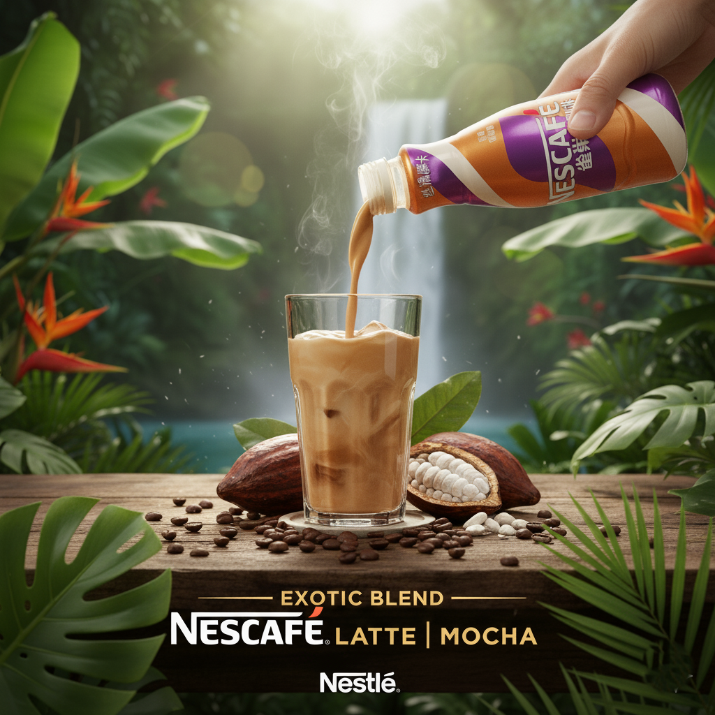 Nescafe Latte Mocha being poured into a glass with a tropical background