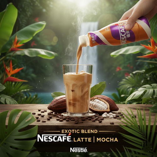 Nescafe Latte Mocha being poured into a glass with a tropical background