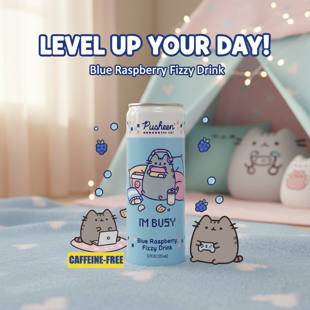 💙 Pusheen "I'm Busy" Blue Raspberry Fizzy Drink 🐱